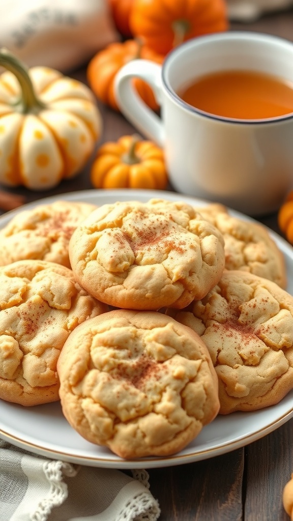 A plate of spiced apple cider cookies with cinnamon, surrounded by pumpkins and a mug of apple cider.